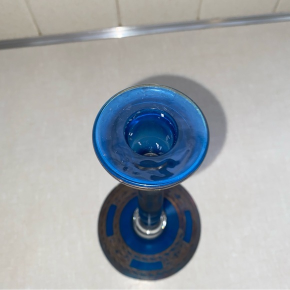 Vintage‎ Blue & Clear Glass Candlestick Bronze Color  Etching Accents main image 3